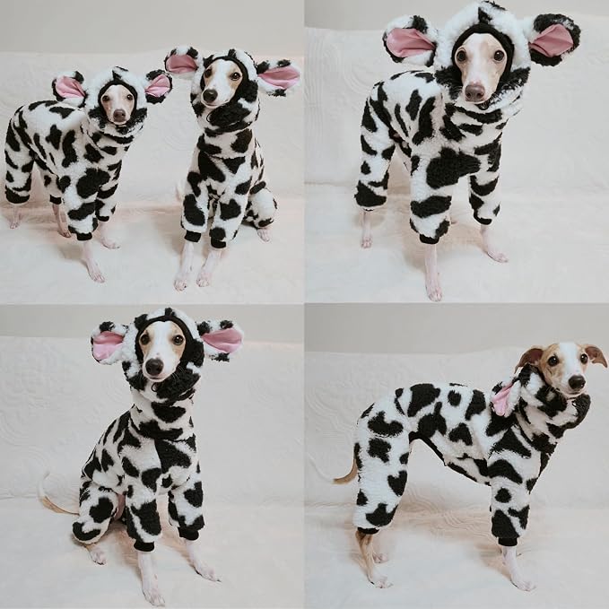 D Doggy Star Italian Greyhound Clothes Winter Warm Fleece Cow Print Sweater Jumpsuit with Snood Turtleneck, Fits Small Whippets (2XL,Onsi Cow Print)