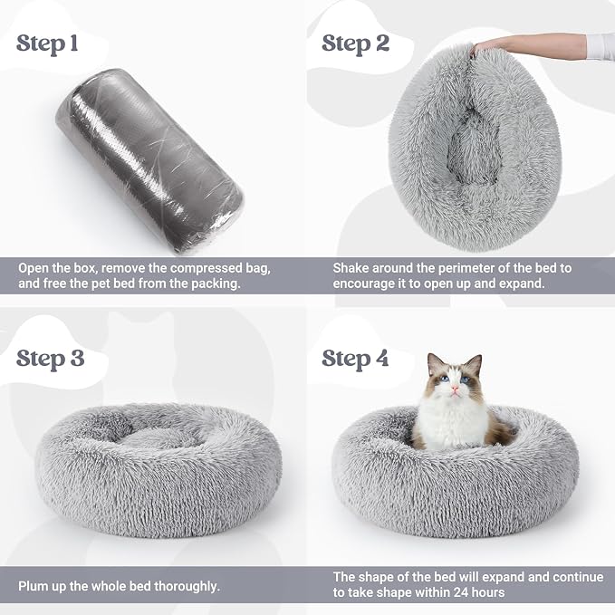 rabbitgoo Calming Cat Beds for Indoor Cats, 20 inches, Light Grey | Soft Warm Donut, Fluffy Faux Fur, Supportive Raised Rim, Anti-slip, Machine Washable, Up to 15lbs Kittens & Small Cats