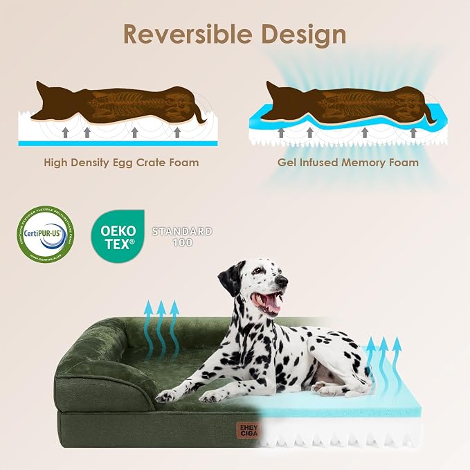 EHEYCIGA Orthopedic Dog Beds Large Sized Dog, Waterproof Washable Pet Bed | Non-Slip Bottom and Egg-Crate Memory Foam XL Dog Couch Bed with Washable Removable Cover, Dark Green, 41Inch