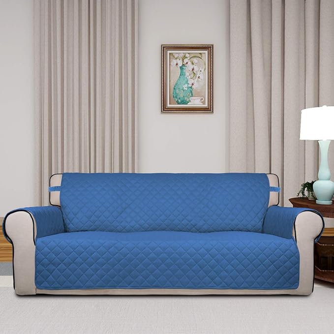 PureFit Reversible Quilted Sofa Cover, Water Resistant Slipcover Furniture Protector, Washable Couch Cover with Non Slip Foam and Elastic Straps for Kids, Dogs, Pets (X Large, Blue/Ivory) | Blue/Ivory, Water Resistant Couch Protector, Washable Pet Couc...