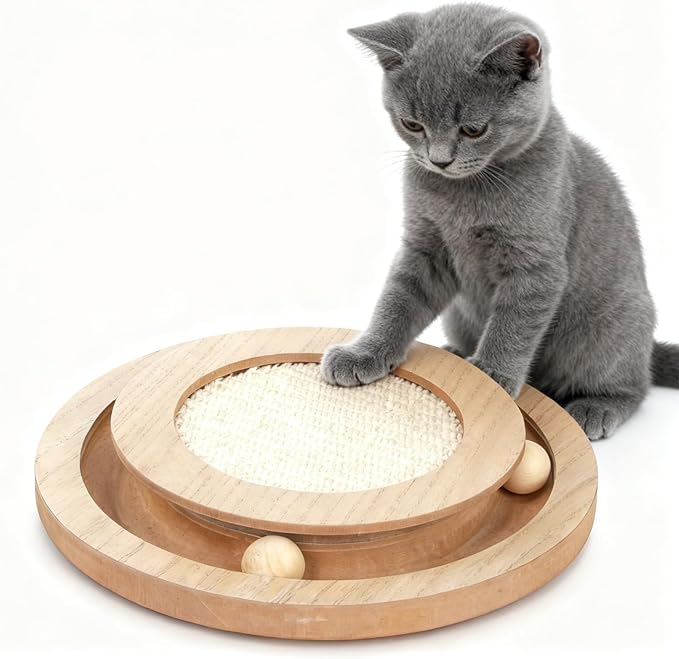 Sisal Cat Scratch Pad with Ball Track Round Wooden Cat Scratchers | Cat Scratching Board for Indoor Small Cats and Kitten Scratching Chasing Playing