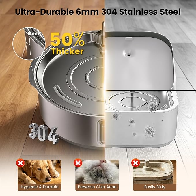 Invengo 8L/270oz Quiet Stainless Steel Dog Water Fountain, 2 Filters | 50% Thicker 6mm Steel, Dual Filters, 6-Layer Deep Purification, Under 25dB Whisper-Quiet Operation, 2 Flow Modes