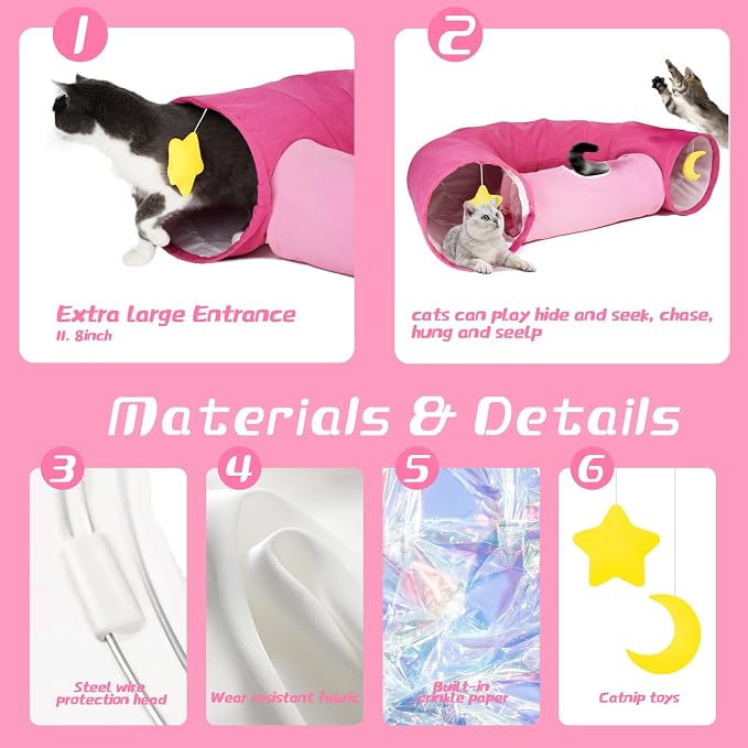 Cat Tunnel, Large Indoor Durable Collapsible Interactive Cat Tube with Peek-A-Boo Hole, Hanging Toys, and Crinkly Paper Lining - Cute Tunnel for Cats, Kittens, Puppies & Rabbits, Pink