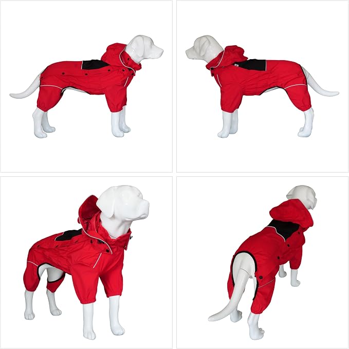 LOVELONGLONG Waterproof Dog Raincoat with Removable Hood – Outdoor Full Body Dog Jacket, Windproof Snowproof Shell Suit – All Season Pet Rain Gear Red XXL