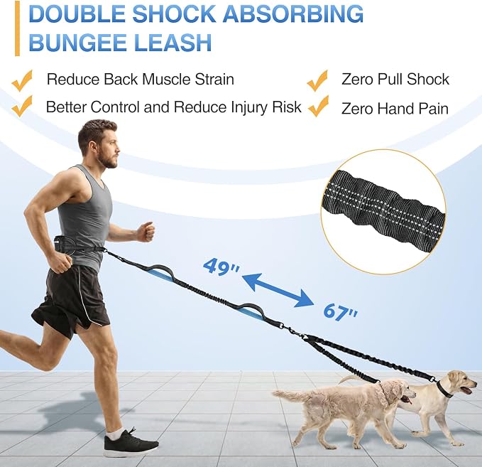 Kytely Dual Dog Leash, Hands Free Double Dog Leash | Zipper Pouch, Wide Padded Waist Dog Running Leash, Dual Padded Handles, Retractable Bungee for Walking Jogging Hiking