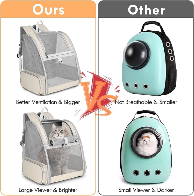 Cat Backpack Carrier, Large Pet Carrier Backpack with Kitten Wand Feather Toy for Medium Small Dog Cat Puppy Kitty Bunny up to 15lbs, Ventilated Mesh Kitten Bookbag for Travel Walking Outdoor (Beige)