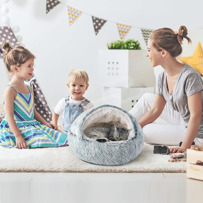 CATISM Cat Bed, Plush Hooded Cat Beds for Indoor Cats | Warm Soft Plush Comfortable Removable Washable Non-Slip Bottom