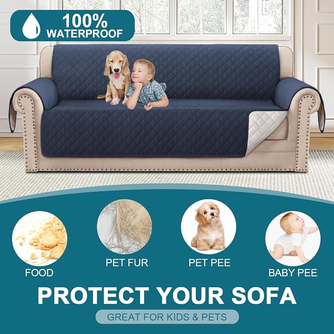 Turquoize 100% Waterproof Sofa Covers Couch Cover Sofa Cover for Dogs Couch Protector Triple Non-Slip Sofa Slipcover for 3 Cushion Couch Furniture Protector for Pets, Kids,Dog (Sofa 70", Navy)