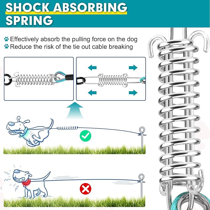 Snagle Paw Dog Lead Cable 20FT,Heavy Duty Outside Dog Leash Cable with Shock Absorbing Spring & Swivel Hook,Dog Tether for Yard,Dog Line for Small Large Dogs,Withstand 1000LBS Break Strength