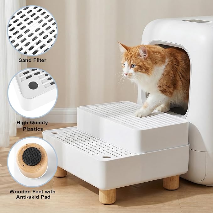 Adjustable Litter Box Step, Cat Litter Box Ramp/Catcher with Wooden Feet | 2 Steps,Fits Automatic Litter Box Steps, Filter Function, Anti-Tracking, Easy to Clean, For Small & Elderly Cats