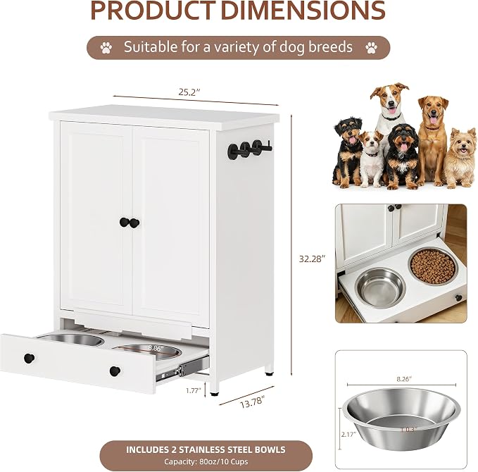 Dog Feeding Station with Storage, Metal Dog Food Storage Cabinet with 2 Elevated Bowls and 3 Hooks, Pet Feeding Station and Dogs Food Storage Organizer, White