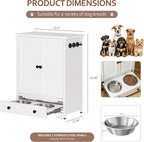 Dog Feeding Station with Storage, Metal Dog Food Storage Cabinet with 2 Elevated Bowls and 3 Hooks, Pet Feeding Station and Dogs Food Storage Organizer, White