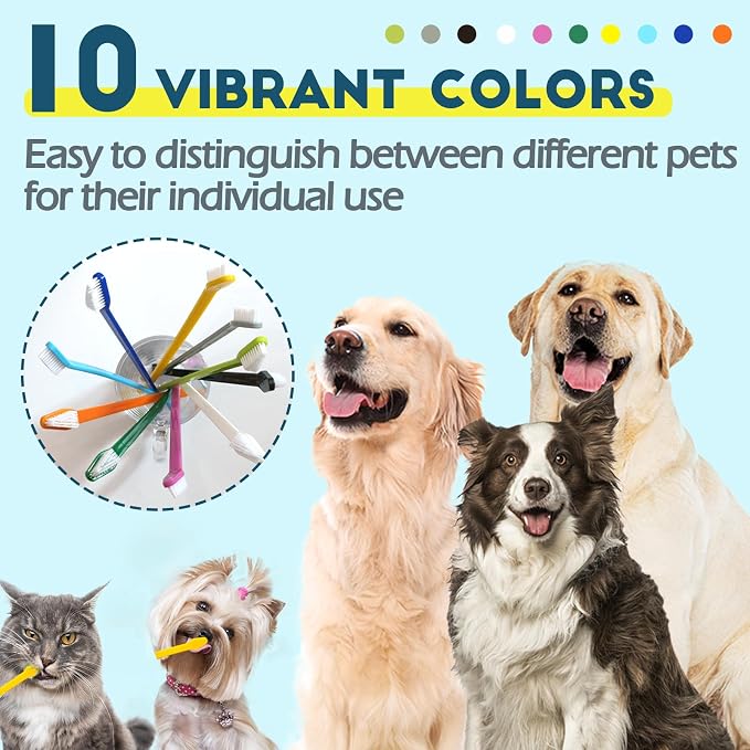200 Pcs Dog Toothbrush Cat Tooth Brushes Bulk, Double Sided Brushing Kit, Teeth Cleaning Kit Soft Bristles Long Handle, Pet Tooth Brush for Small to Large Dog, Cat, Puppy & Kitten, 10 Colors
