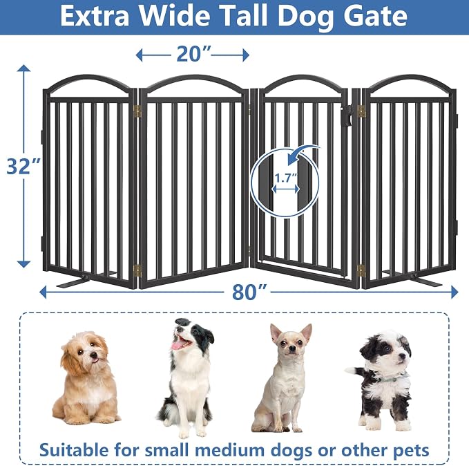 Malier Metal Freestanding Dog Gates with Door, Outdoor Indoor Dog Fences, Extra Wide Foldable Puppy Gate for Stairs, Hallways, Yard (Black, 80''W × 32''H【4 Panels】)