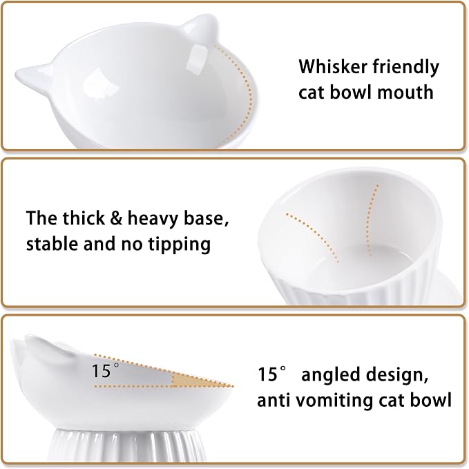 Ceramic Raised Cat Bowl，Tilted Raised Cat Bowl Anti Vomit Cat Bowls for Indoor Cats Whisker Friendly Pet Feeder for Cats Puppies, Microwave and Dishwasher Safe