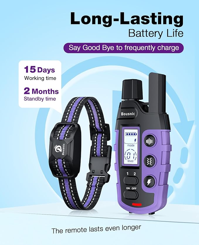 Bousnic Dog Shock Collar - 3300Ft Training Collar with Remote for 5-120lbs Small Medium Large Dogs Rechargeable Waterproof e Collar with Beep (1-8), Shake(1-16), Safe Shock(1-99) Modes (Lightpurple)