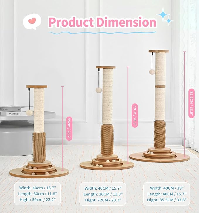 Made4Pets Tall Cat Scratching Post for Indoor Cats with Self Groomer, 33.6" | Tall Natural Sisal Scratching Post, Cat Scratcher with Stable Base and Interactive Ball Track for Adult and Large Indoor Cats