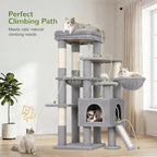 Globlazer S51 Sturdy Cat Tree for Indoor Large Cats, Light Grey | 51in Cat Tower with 4 Scratching Posts, Large Cat Tree with hammock for Cats Large Adult, Hanging Baskets, Top Perch
