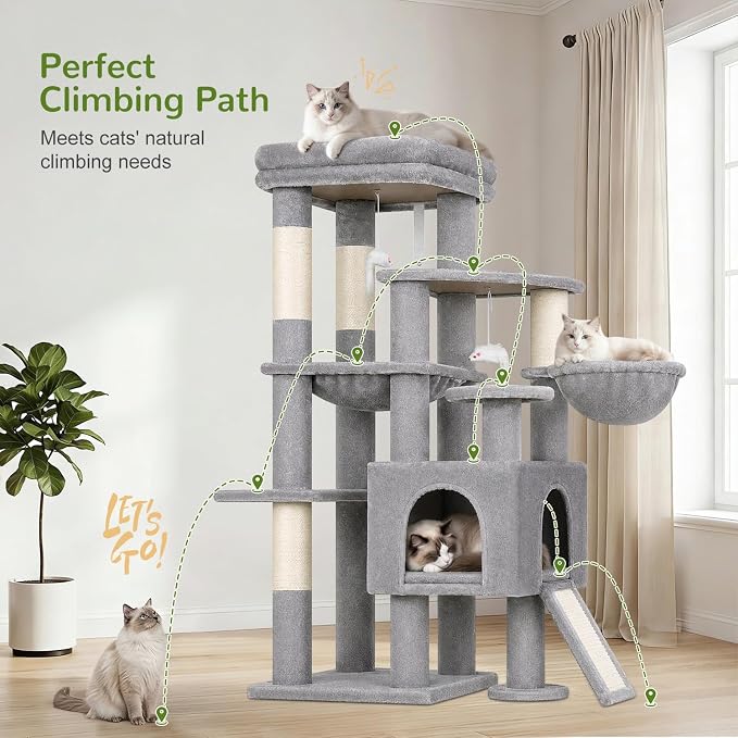 Globlazer S51 Sturdy Cat Tree for Indoor Large Cats, Light Grey | 51in Cat Tower with 4 Scratching Posts, Large Cat Tree with hammock for Cats Large Adult, Hanging Baskets, Top Perch