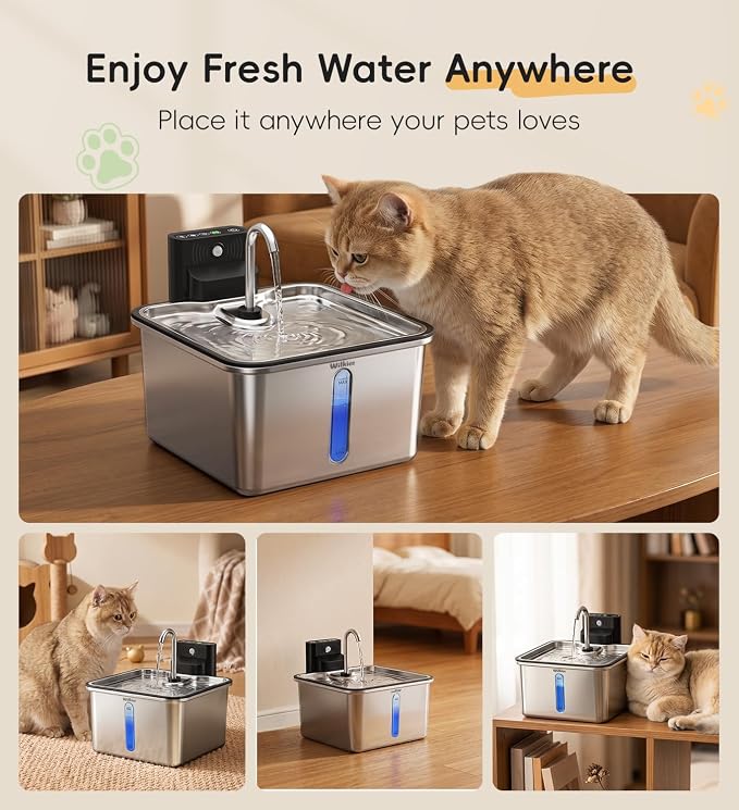Cat Water Fountain Stainless Steel, 135oz/4L Cordless Pet Fountain for Cat | With 6 Pack Filters|Water & Battery Separation；Faucet Design；Wireless；4000mAh Battery
