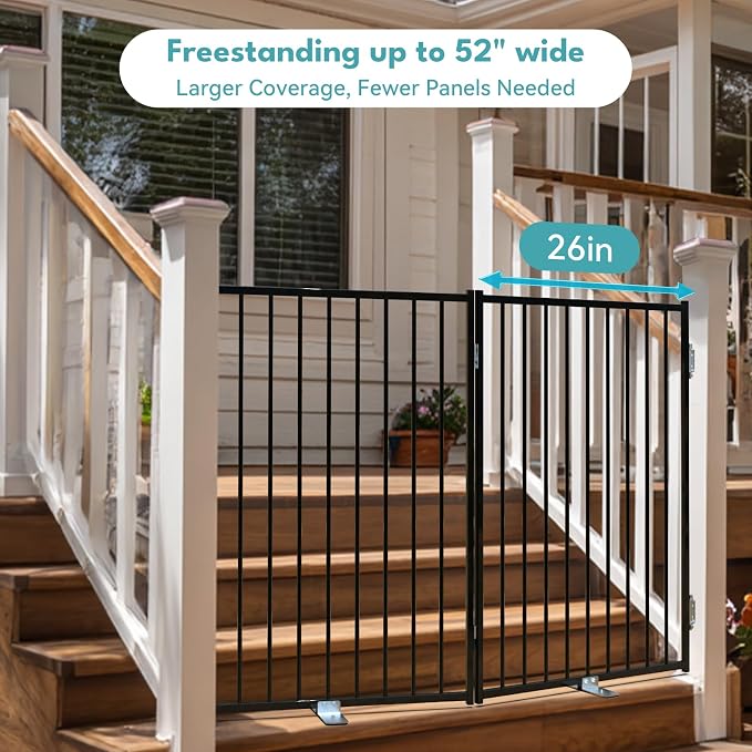 No Pawblems Full Metal Free Standing Dog Gate Extension, 36'' Tall | Foldable Dog Fence Extension for Indoor & Outdoor, Up to 52 Inch Extra Wide Pet Gate for Stairs, Deck, Yard, 2 Panels, Black