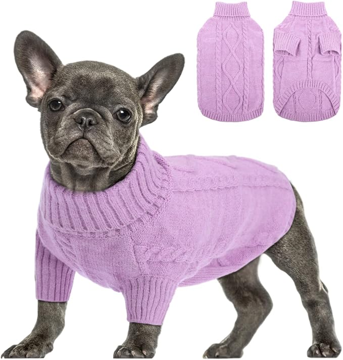 Queenmore Small Dog Pullover Sweater, Cold Weather Cable Knitwear, Classic Turtleneck Thick Warm Clothes for Chihuahua, Bulldog, Dachshund, Pug (Lilac, X-Small)