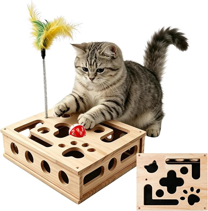 Cat Nail File Enrichment Box Scratch Puzzle Toy with Slot Lock Screws | 11.8in Solid Wood Cat Scratcher with 180-Grit Sandpaper Slot Lock 8 Screws Bell Balls Feather Teaser Indoor Claw Care Toy