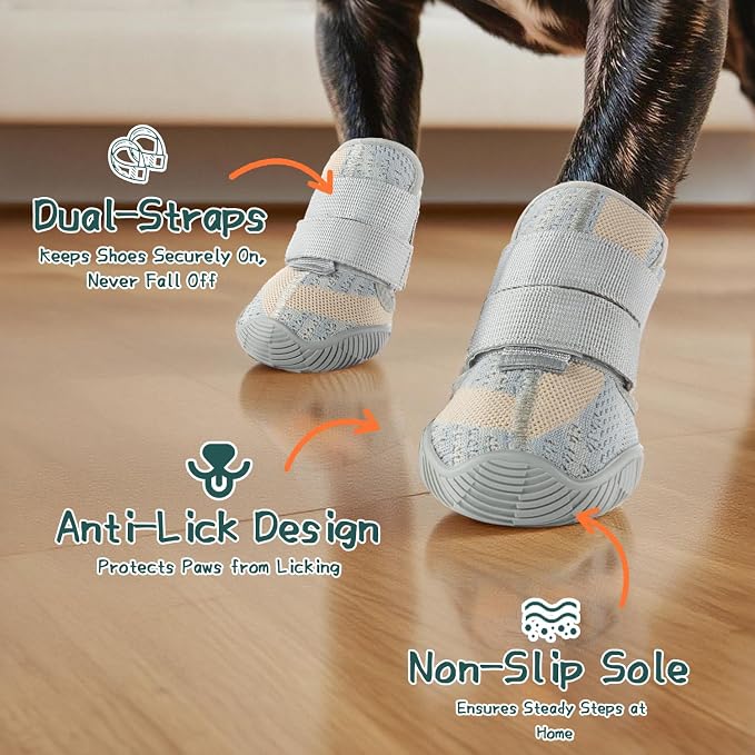 Dog Shoes for Medium Dogs, Outdoor Dog Boots & Paw Protectors for Hot Pavement, Winter Snow Hiking, Breathable Dog Booties, Indoor Hardfloors Anti Slip Sole White Size 4