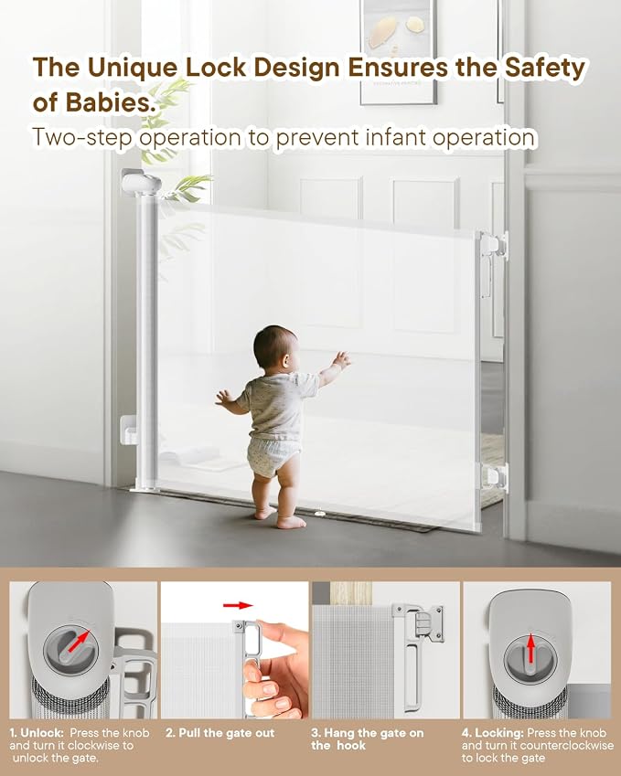 Retractable Baby Gates, 34" Tall Fits Up to 55" Wide, White | No Bottom Bar Mesh Baby & Pet Gate with Anti-Crawling Hook, One-Hand Operation, Safety Lock for Stair, Doorway,Indoor/Outdoor