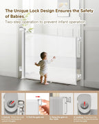 Retractable Baby Gates, 34" Tall Fits Up to 55" Wide, White | No Bottom Bar Mesh Baby & Pet Gate with Anti-Crawling Hook, One-Hand Operation, Safety Lock for Stair, Doorway,Indoor/Outdoor