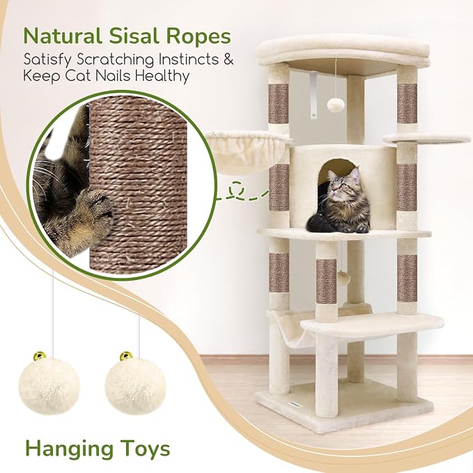 Globlazer Corner Cat Tree, 51in Curved Series Modern Cat Tower for Indoor Cats with Hammock, 7 Sisal Scratching Posts, Large Fan-Shaped Platform for Large Cats, Cat Condo & Hanging Basket, C51, Beige