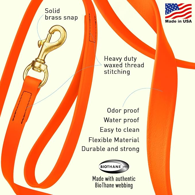 Viper Biothane K9 Working Dog Leash Waterproof Lead for Tracking Training Schutzhund Odor-Proof Long Line with Solid Brass Snap for Puppy Medium and Large Dogs, 10ft Hunter Orange