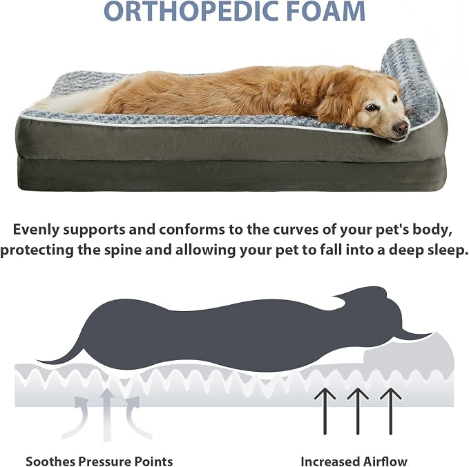 BFPETHOME Orthopedic XL Dog Beds Large Sized Dog, Washable Dog Couch Bed | Removable Cover, Waterproof Lining, Non-Slip Bottom, Large Pet Sofa with Sides, Cozy Sleeping Bed for Senior Dogs, Gray48*35