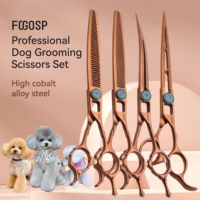 7.5'' Dog Grooming Scissors Set 4PCS Curved Thinning Straight Chunkers Shears Kit with Hollow Out Design Ergonomic Offset Handle High Cobalt Alloy Steel Sharp and Durable(7.5, Chocolate Kit)