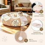Ownpets Collapsible Cat Tunnel Toy - 2-in-1 Interactive Play Tunnel for Cat up to 18 lbs, Tear-Resistant Mesh, Fold to 2 Inches Thick, Portable Cat Exercise & Entertainment Tunnel, 12" Diameter, Khaki