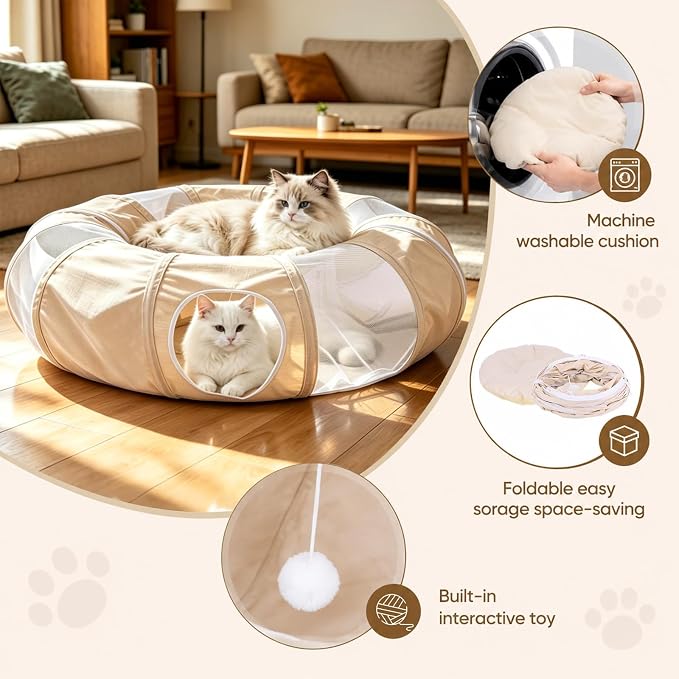 Ownpets Collapsible Cat Tunnel Toy - 2-in-1 Interactive Play Tunnel for Cat up to 18 lbs, Tear-Resistant Mesh, Fold to 2 Inches Thick, Portable Cat Exercise & Entertainment Tunnel, 12" Diameter, Khaki