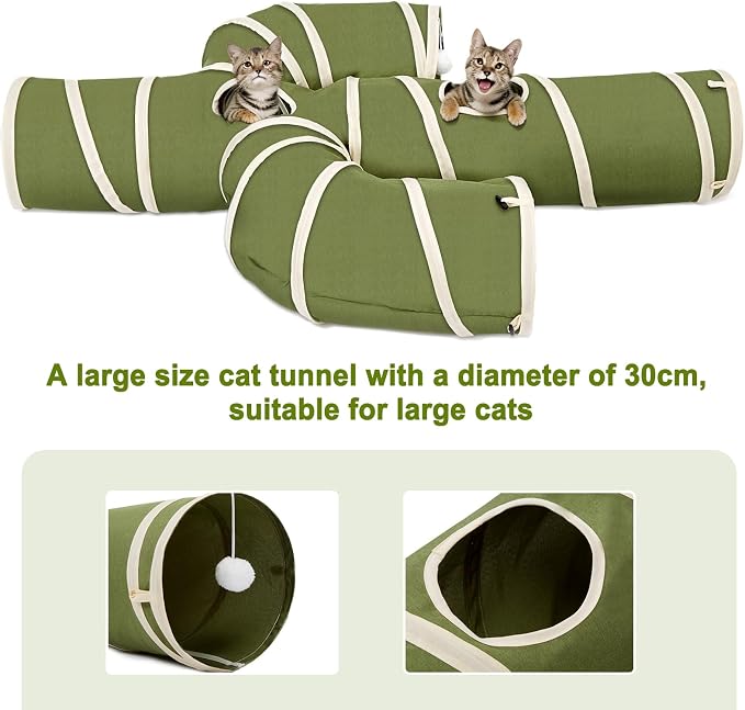 Ownpets Cactus Cat Tunnel 12" with Peek Holes for Indoor Large Cat, Green | Durable Oxford fabric, noise-free, foldable & connectable, multi-cat friendly, tube for cats up to 20lb, includes ball & wand