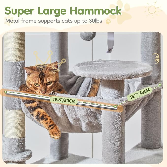 Taoqimiao Cat Tree for Large Cats, 72In Tall Cat Tower, Giant Platform | Widened Cat Condo with Large Scratch Board, 5 Scratching Posts, Metal Frame Hammcock, Cozy Basket, Light Gray, MS045W