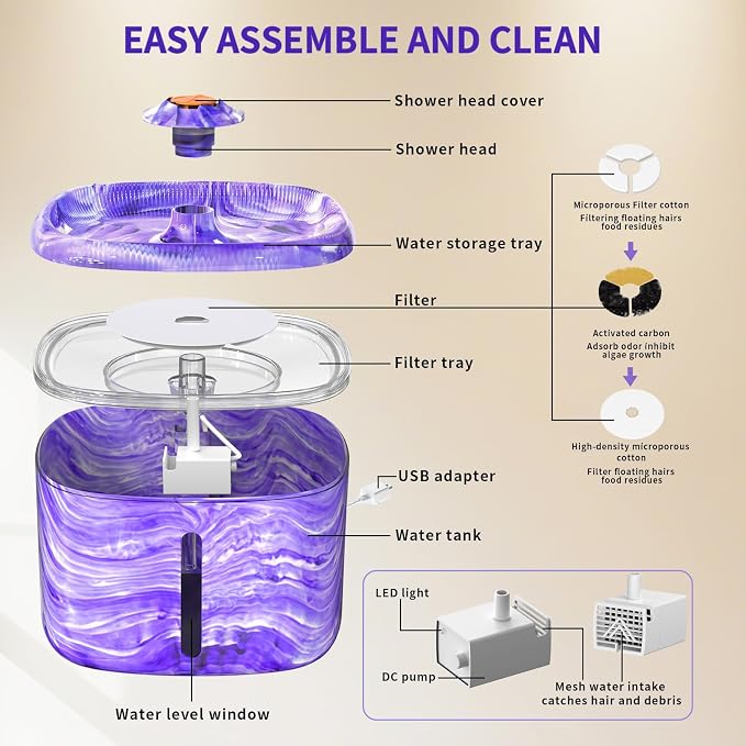 Cat Water Fountain Purple: Automatic Flower Pet Water Fountain for Cats Indoor-84oz/2.5L, Cute Cat Fountain for Drinking, LED Blue Light, Upgraded Ultra Quiet Pump, Gifts for Cats, Dogs (8Filters)