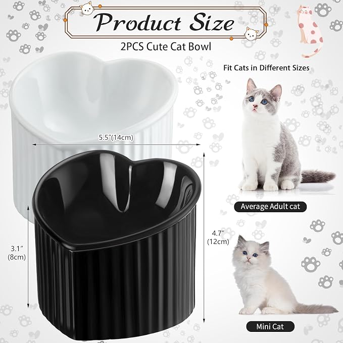 Mumufy 2 Pcs Ceramic Elevated Cat Bowls Tilted Elevated Raised Pet Bowls Anti Vomit Cat Dish for Indoor Stress Free Water Dish Feeder for Puppies, Heart Shaped(Pearly White, Black)