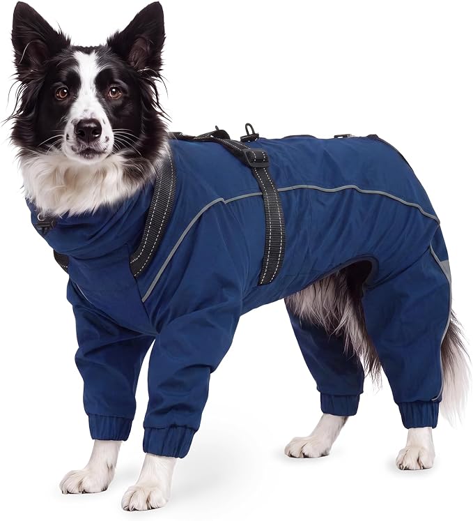 Kuoser Waterproof Hooded Dog Raincoat, Full Body Coverage, Navy Blue L | Heavy-duty waterproof material blocks rain thoroughly, Ergonomic fit for free movement, Built-in Harness, reflective strips