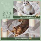Taoqimiao Heavy-Duty Cat Tree, 71 in Cat Tower for Large Cats 20lbs+ | 3 Giant Multi-Tier Perches, Widened Cat Condo with 9 Scratching Posts, Plush Hammock & Basket, Toys, Light Gray, MS034W