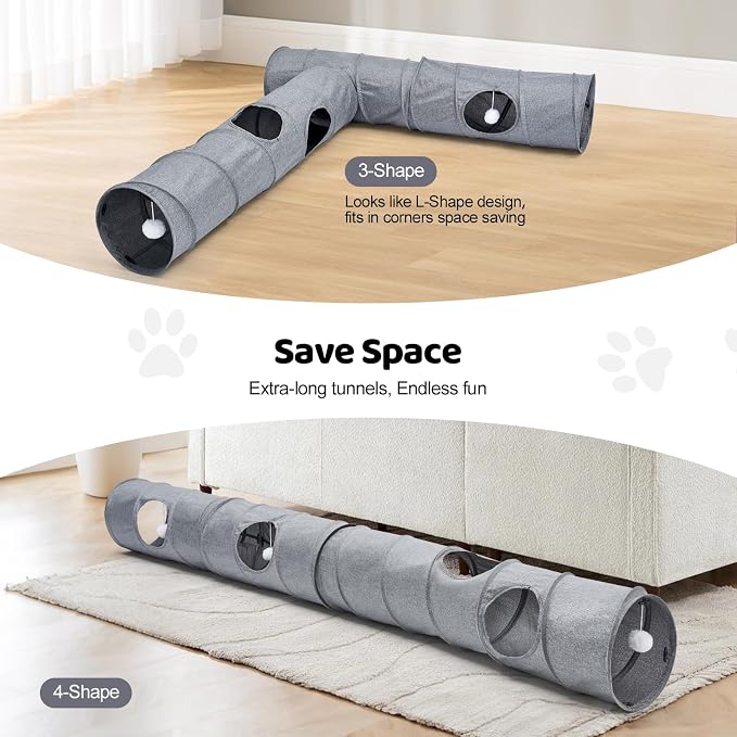 Cat Tunnel, 3 Straight Shaped Tunnels 6 DIY Shapes with Wand Toys, No Noise Scratch Resistant Cool Linen Fabric, Interactive Pet Tunnel Tube for Indoor Cats, Puppy and Rabbits