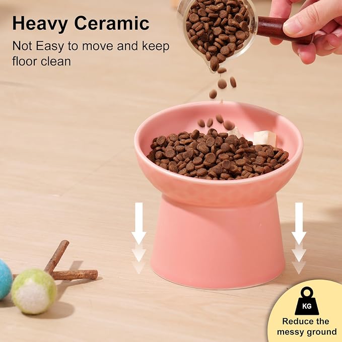 YauYik Small Raised Cat Bowls, Ceramic Tilted Elevated Food or Water Bowls, Stress Free, Backflow Prevention, Dishwasher & Microwave Safe, Lead & Cadmium Free, Pink