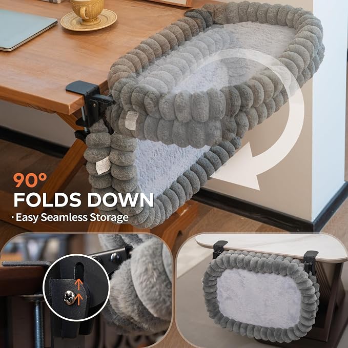 CHEERPALS Cloud Cat Bed Desk Mounted Hammock for Indoor Cats Perch Foldable | Reversible Mesh Warm Plush Mat, 90° Space Saving, Machine Washable Support Pet Bed for Kitty and Puppy(Grey, Large)