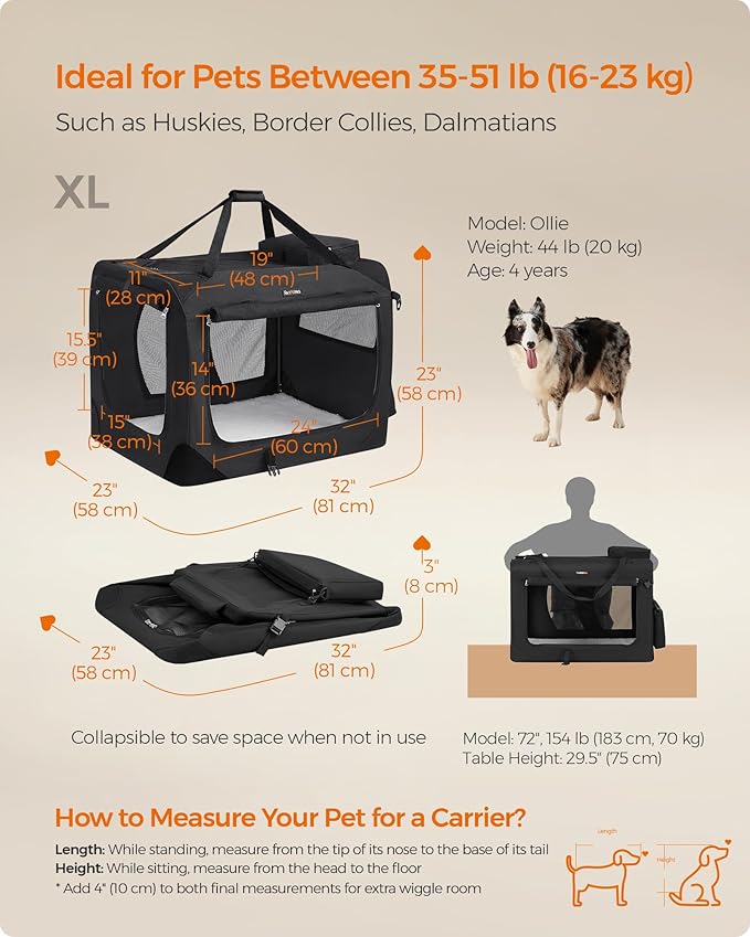 Feandrea Collapsible Soft Dog Crate, Portable Travel, 32 Inches | Dog Carrier Kennel with Safety Zippers for Living Room, Car, Travelling, Black UPDC80H