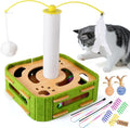 5-in-1 Cat Puzzle Box Toy for Indoor Cats Boredom Relief Interactive Wooden Cat Enrichment Maze with Balls, Feather Wands & Spiral Springs, Slow Feeder Treat Dispenser for Kittens & Adult Cats