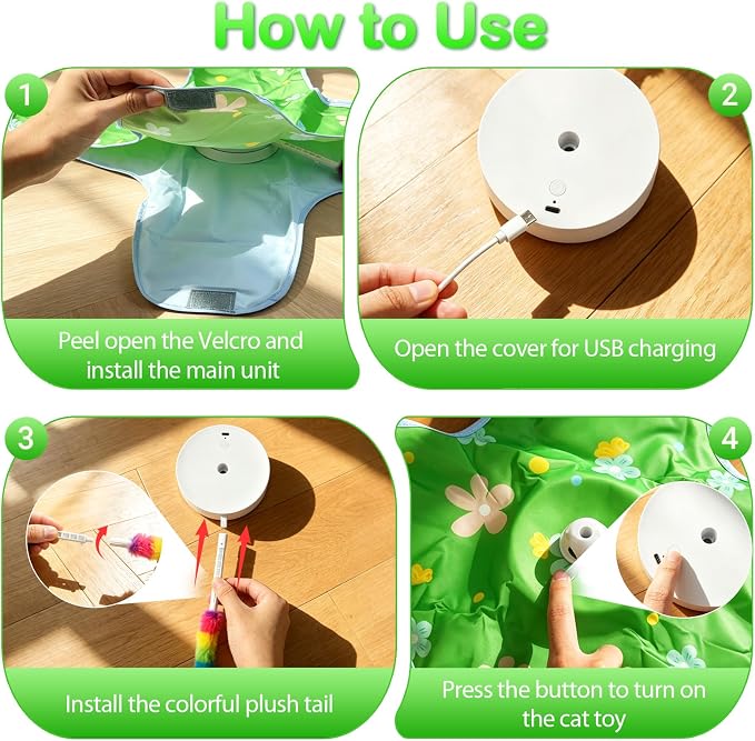 Interactive Cat Toys for Indoor Cats, Rechargeable Hide & Seek Toy | Touch Activated, 3 Speed Modes, Realistic Bird Chirps, 10-Min Auto Shutoff, Hidden Feather Wand for Bored Adult Cats, Green