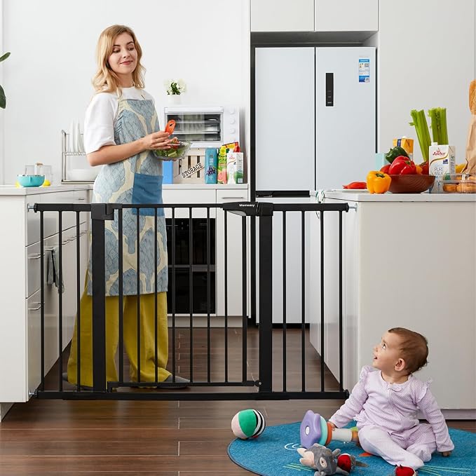 Mumeasy 29.7-51" Extra Wide Baby & Dog Safety Gate for Stairs & Doorways | Pressure/Hardware Mount Child & Pet Gate, Auto Close Easy Access Walk Thru Door for House, Hallway, Indoor & Outdoor, Black