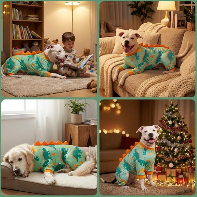 LovinPet Large Dog Pajamas, Four-Leg Stretch Onesie Bodysuit, Lightweight UV-Shielding Pajamas, Anti-Lick Calming Recovery Suit for Surgery, Pull-On for Medium and Large Breeds,Green Orange,XL